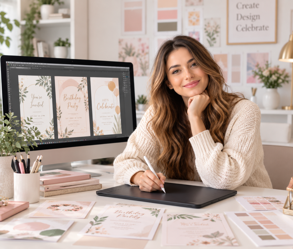 Keti designing invitations in the My Website studio